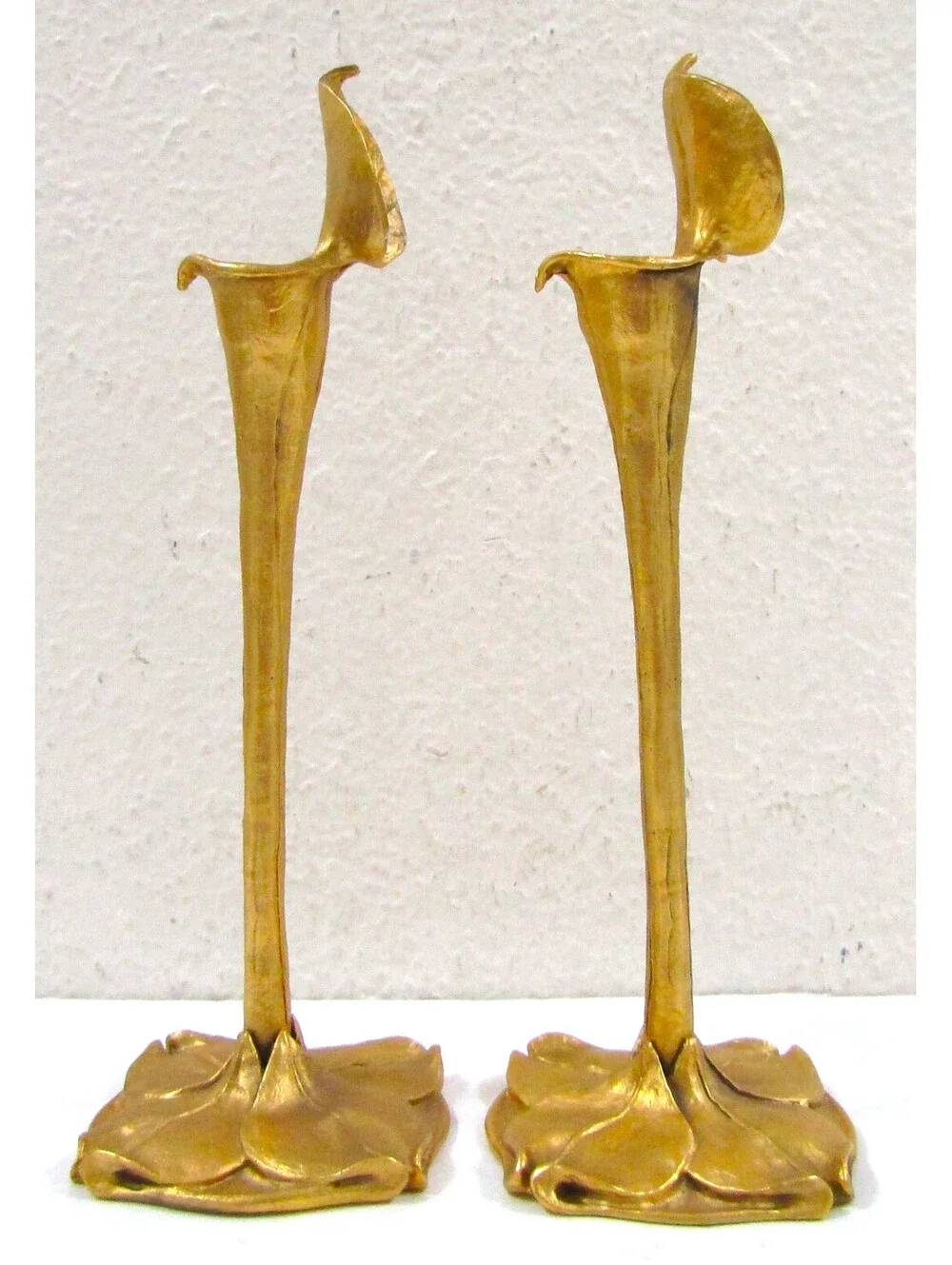 Pair Art Nouveau German Cast Brass Calla Lily Candlesticks attr. Richard Müller